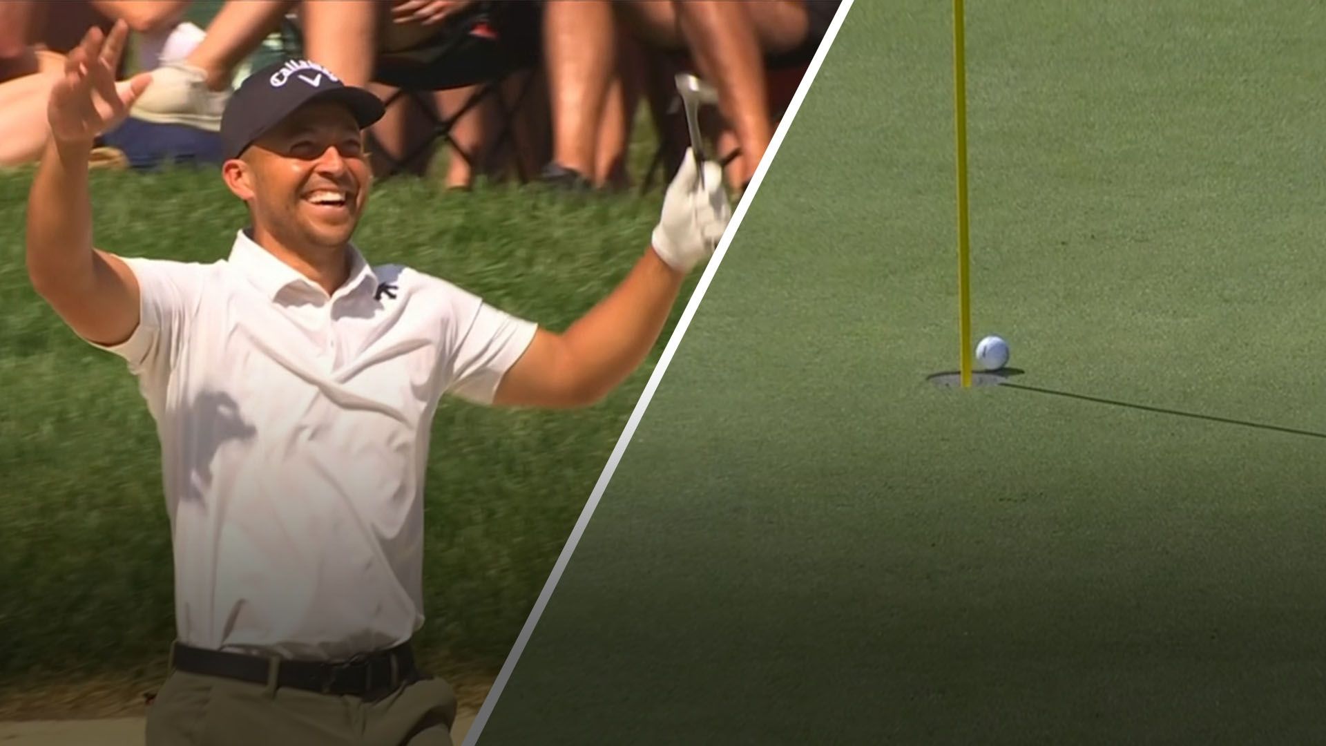 Xander Schauffele's bunker shot hangs on the lip earlier than falling